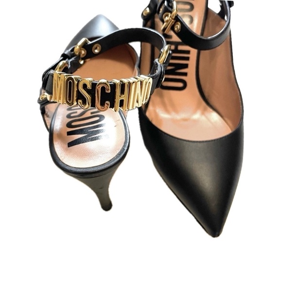 MOSCHINO Black Leather Logo Charm Ankle Strap Heels Size 37 - Picture 2 of 7